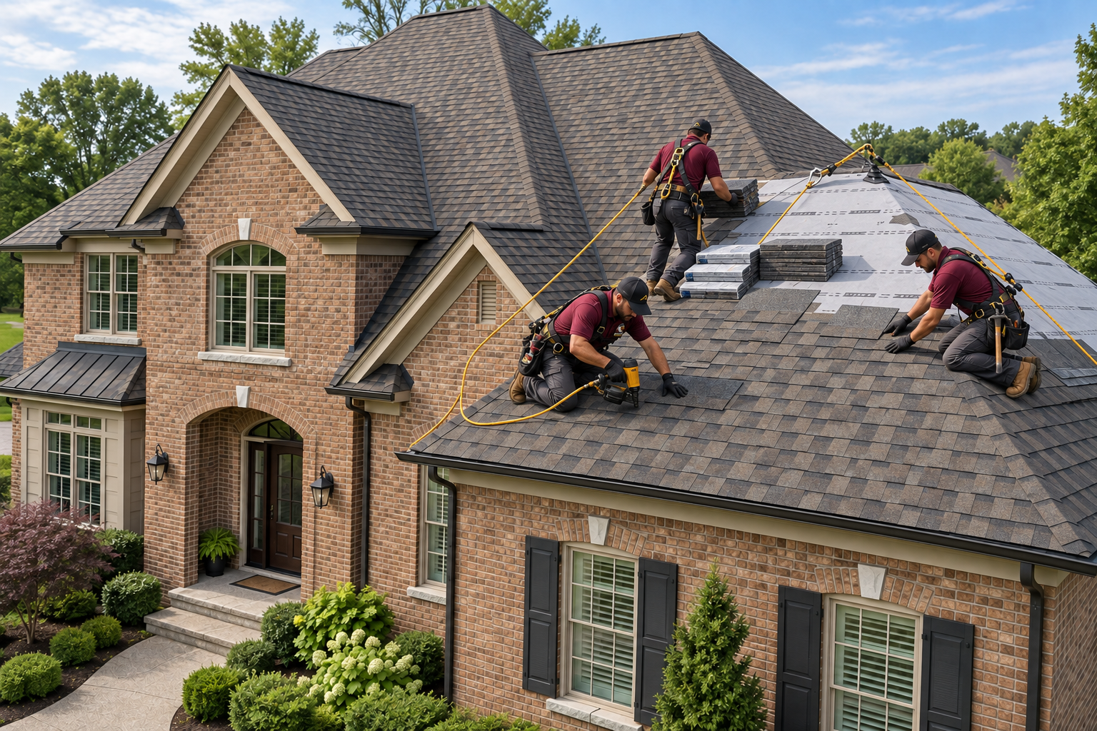 Concept image of a roof crew in burgundy High Ground Roofing uniforms at a brick home