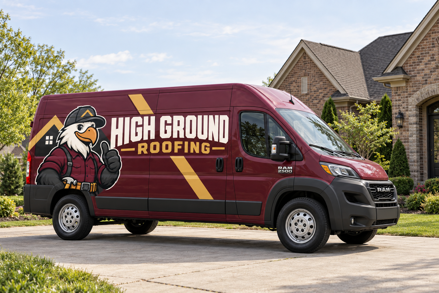 Concept image of the High Ground Roofing van outside a brick home